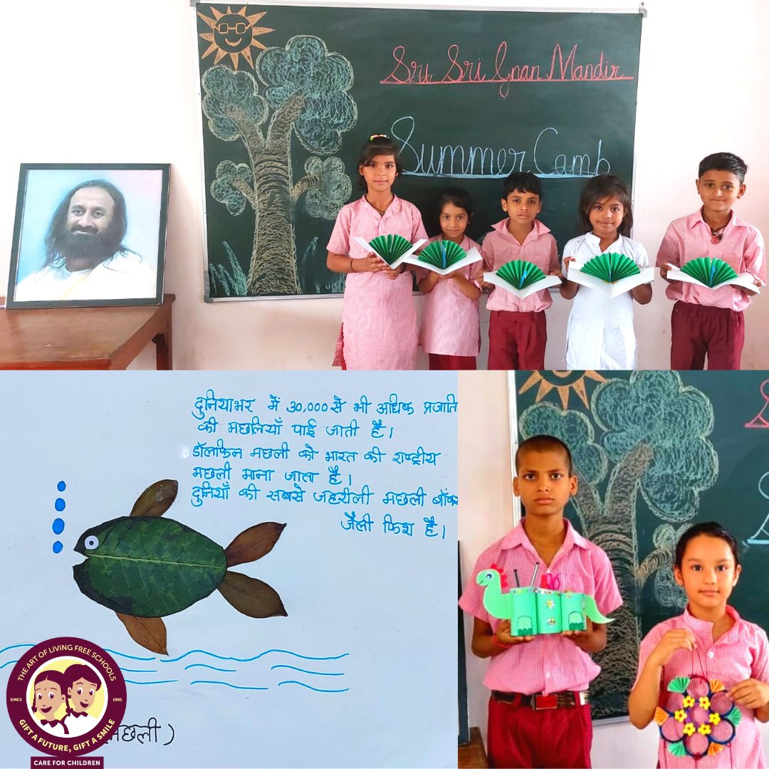 Students from our free school in Noida are enjoying their summer camp where they're making beautiful & sustainable art & craft out of reusable items & leaves. 
Contribute & support them at artoflivingfreeschools.org
@Bhanujgd #GiftASmile