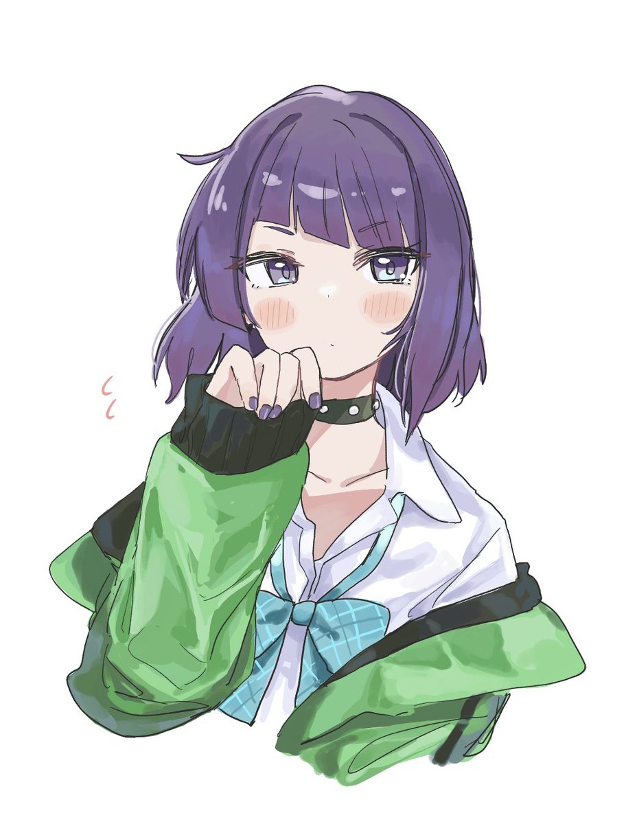 tanaka mamimi 1girl purple hair solo diagonal bangs jacket bow white background  illustration images