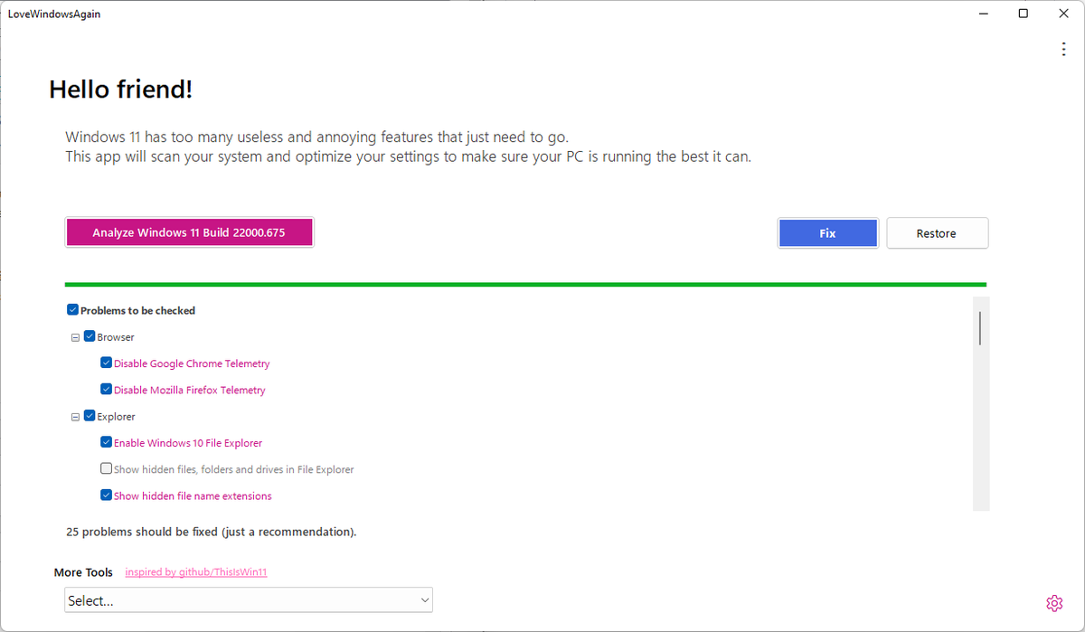 ghacks's tweet photo. LoveWindowsAgain: fix Windows 11 issues in a few clicks #opensource #windows11 #fixes

https://t.co/eyy4sZpEjL https://t.co/Z0ojLFe3u1