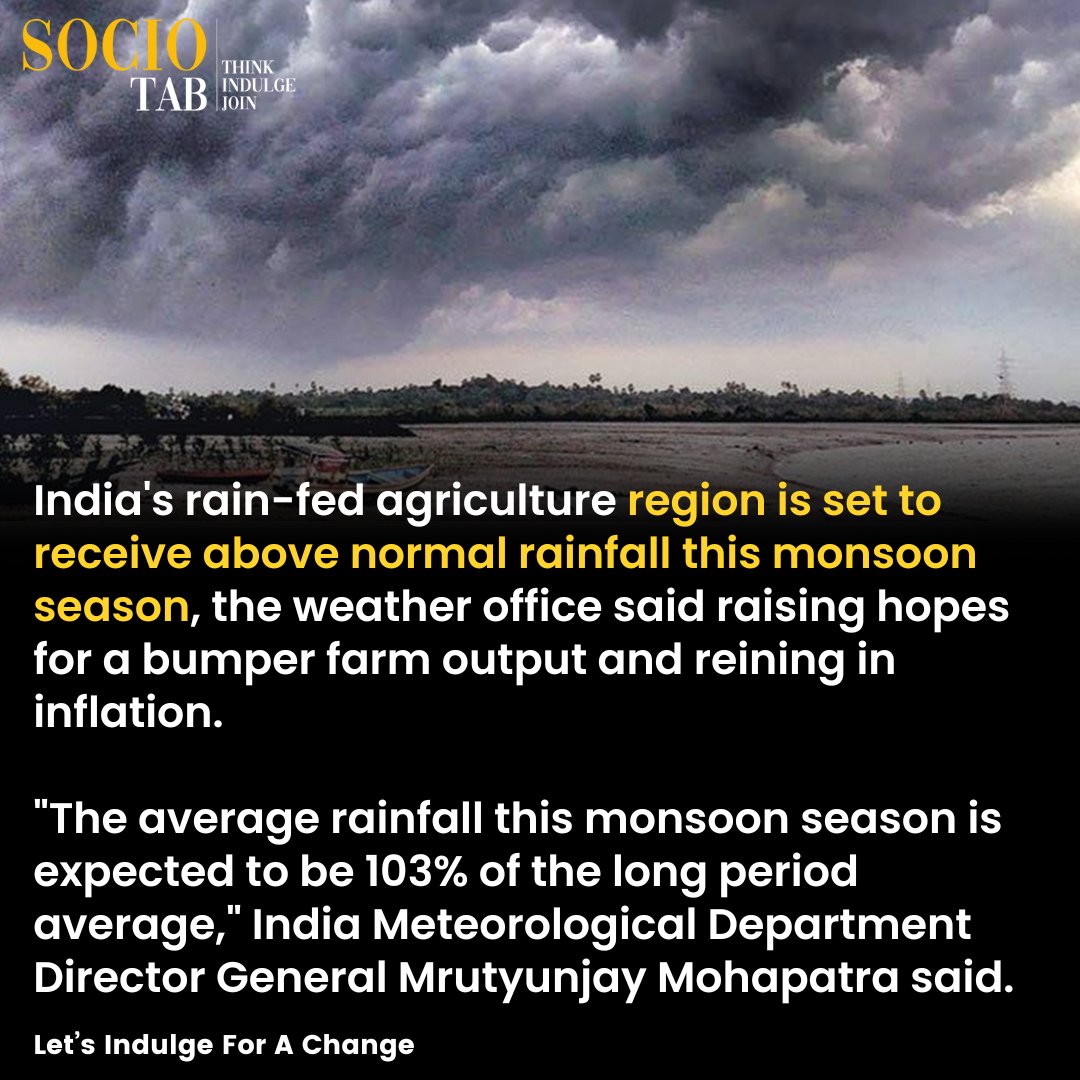 socio_tab's tweet photo. Weather Office Predicts Above-Normal Rainfall, Expects 103% Of Average

For More Positive News - https://t.co/b59IYIlSZl https://t.co/oudpBV1O0d