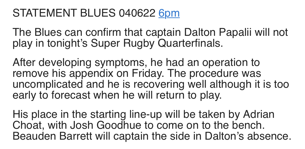Beauden Barrett will captain the <a href="/BluesRugbyTeam/">The Blues</a> tonight in Dalton Papalii’s absence. 

Live call with <a href="/elliottnz/">Elliott Smith</a> on <a href="/goldradionz/">Gold Radio NZ</a> AM and <a href="/iHeartRadioNZ/">iHeartRadio NZ</a> from 7