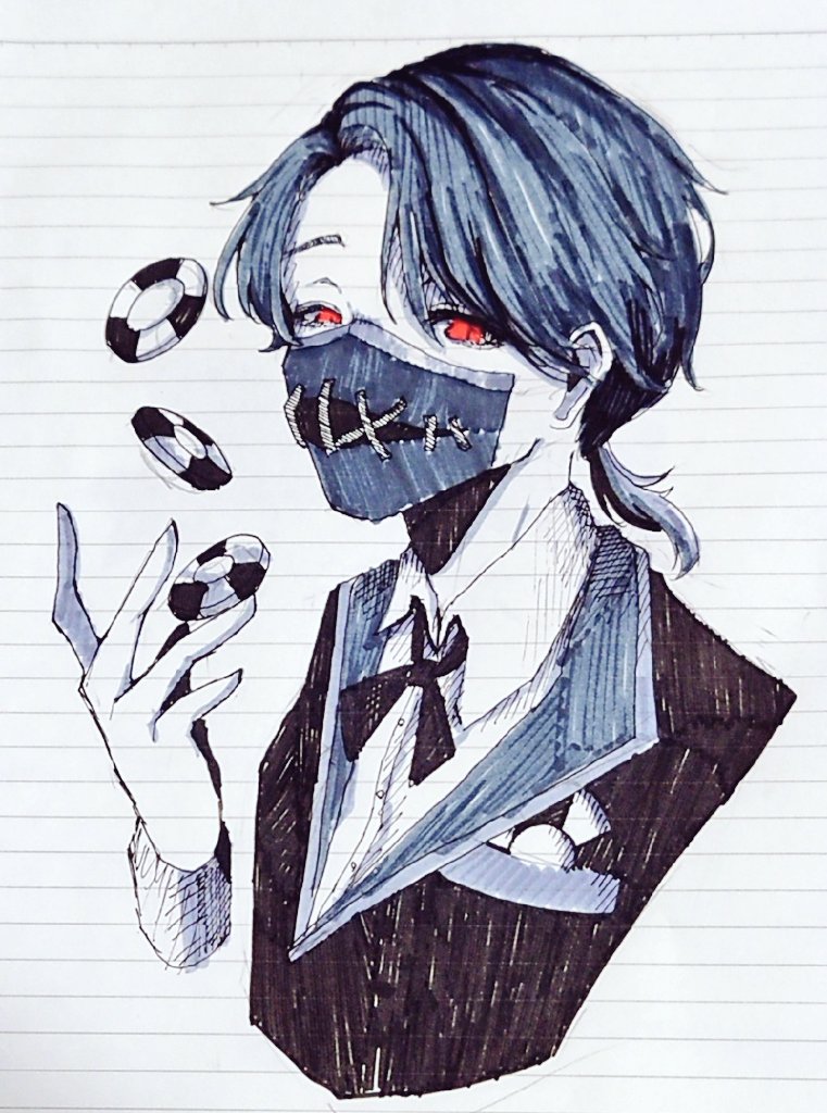 mask red eyes solo 1boy cookie male focus mouth mask  illustration images