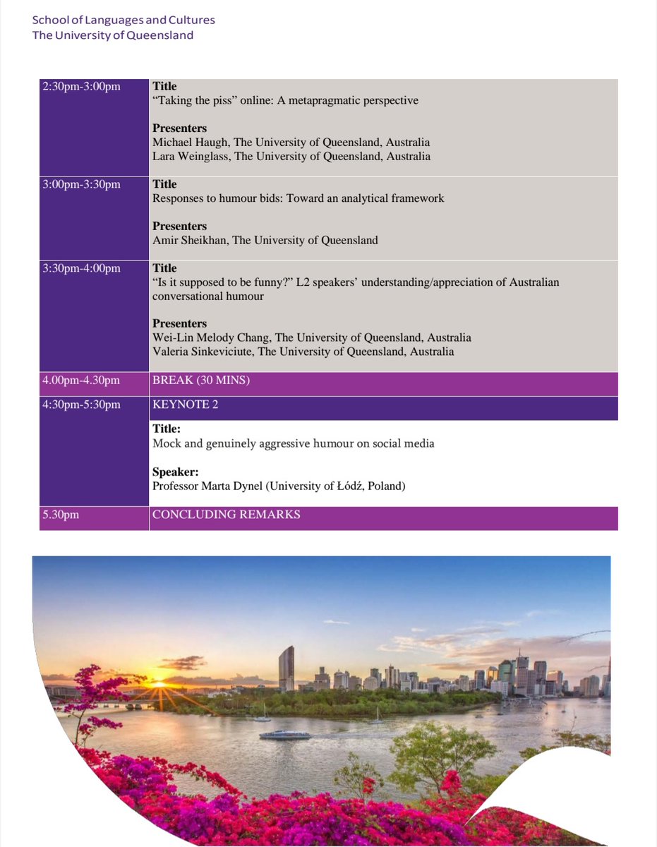📢 Humour Symposium organised by <a href="/drwlmelodychang/">Melody Chang</a> and myself is almost here with keynotes by Prof Meredith Marra &amp; Prof @DynelMarta! 🤣💭🤣

🗓 June 20
💻 languages-cultures.uq.edu.au/event/session/…

Interested in attending in person or via Zoom?
📥 Register by June 17 via: forms.gle/9BpbDtEwKUJWZ3…