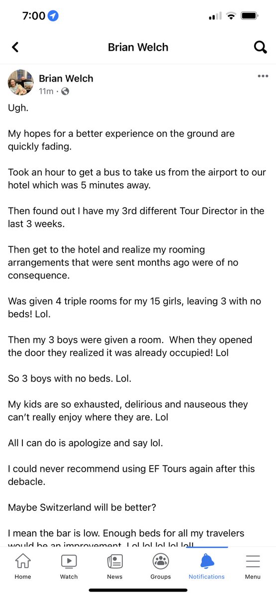 Hey <a href="/EFtours/">EF Educational Tours</a> — my friend <a href="/CommishWelch/">Brian Welch</a> is having a nightmare experience with your company, trying to take high school kids on a European trip. Not even a bed for every traveler? 

What are going to do to fix this?