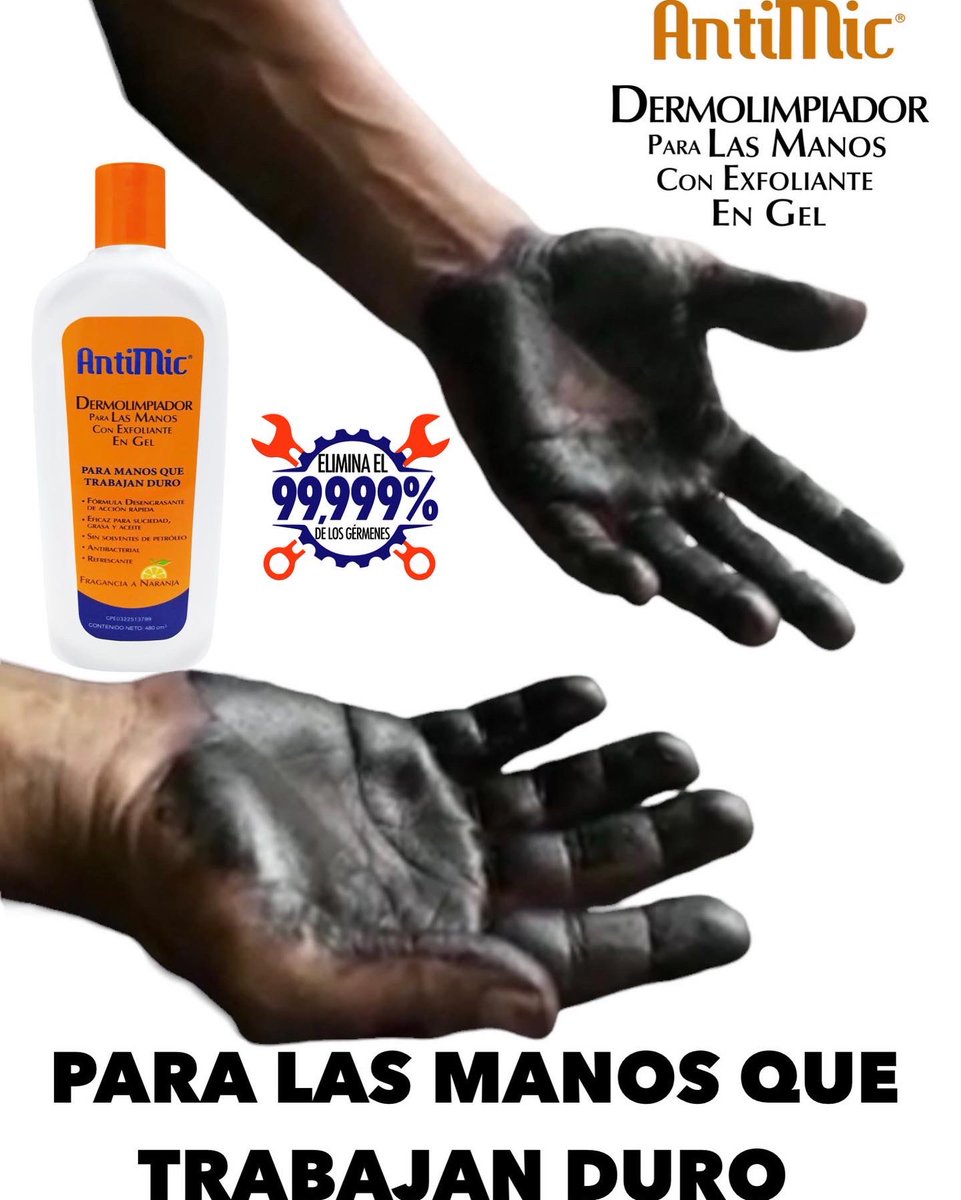 ANTIMIC_VE's tweet photo. NUEVO!!!!! 
“No solo quita la grasa de las manos tambien las bacterias” 
DERMOLIMPIADOR PARA LAS MANOS CON EXFOLIANTE EN GEL 
- desengrasante de acción rápida 
- sin solventes de petróleo 
-exfoliante , deja las manos suaves 
- fragancia a naranja 
-con un trapo limpias tus manos https://t.co/NosdCdzLMN