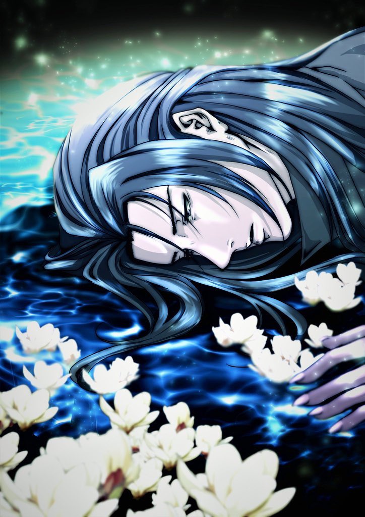 1boy solo flower male focus long hair water lying  illustration images
