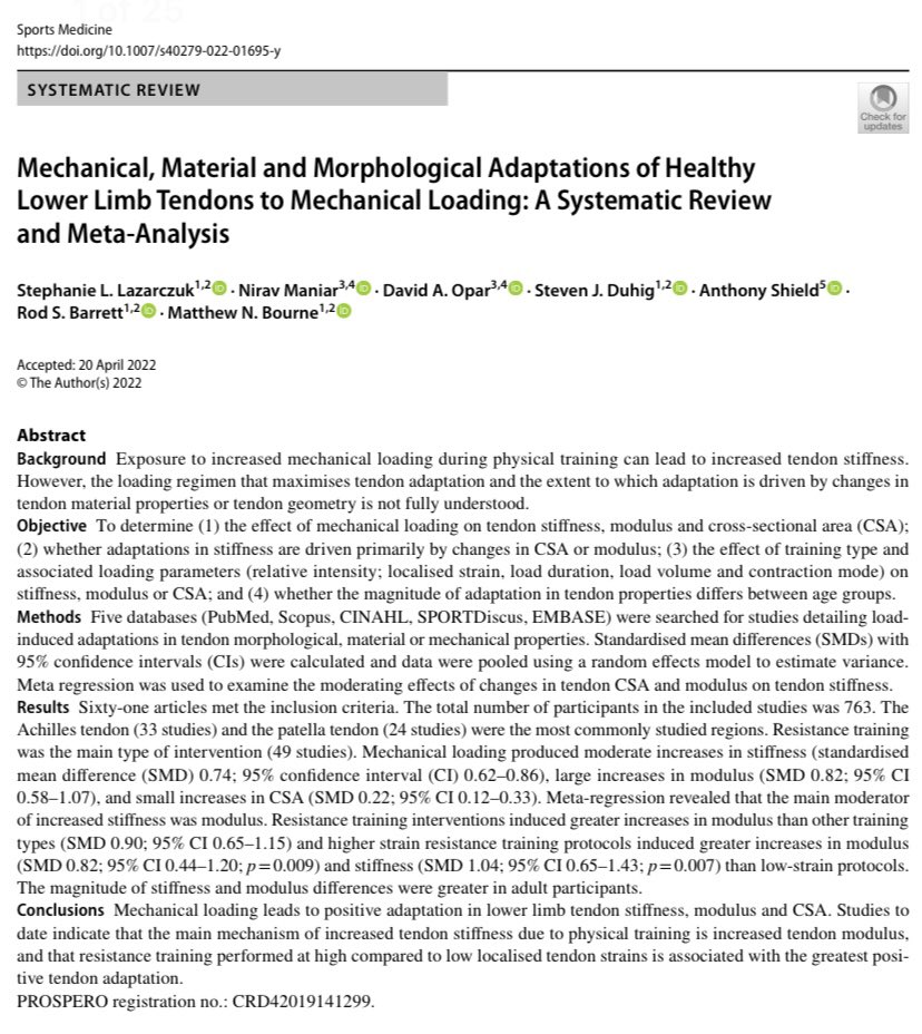 MBourne5's tweet photo. High-strain resistance training interventions are most effective for  promoting ⬆️ #tendon stiffness + modulus. But adaptations do not appear to be influenced by training duration, relative intensity, contraction mode, or volume. @StephLaz_ @Griffith_Uni https://t.co/synGNo8CuH https://t.co/tLlKkP6ZSI
