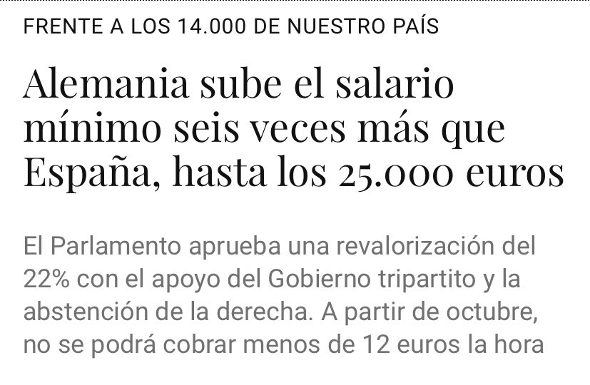 JulenBollain's tweet photo. Alemania sube el Salario Mínimo un 22%, hasta los 25.000€ anuales (frente a los 14.000€ de España).

Y la derecha no vota en contra, tampoco dice que se va a destruir empleo ni que se va a llegar a un 35% de paro. Se abstiene.

Se pueden hacer las cosas de otra manera. https://t.co/McH0sOgGJZ