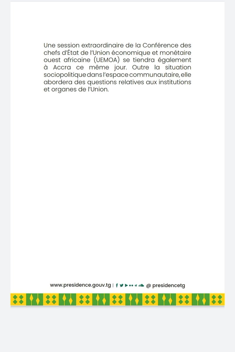 Le Président de la République, SEM <a href="/FEGnassingbe/">Faure Essozimna GNASSINGBÉ</a> participe ce samedi 4 juin 2022, à Accra au Ghana, au sommet extraordinaire de la Conférence des Chefs d’État et de Gouvernement de la #CEDEAO, consacré au Burkina Faso, à la Guinée et au Mali.