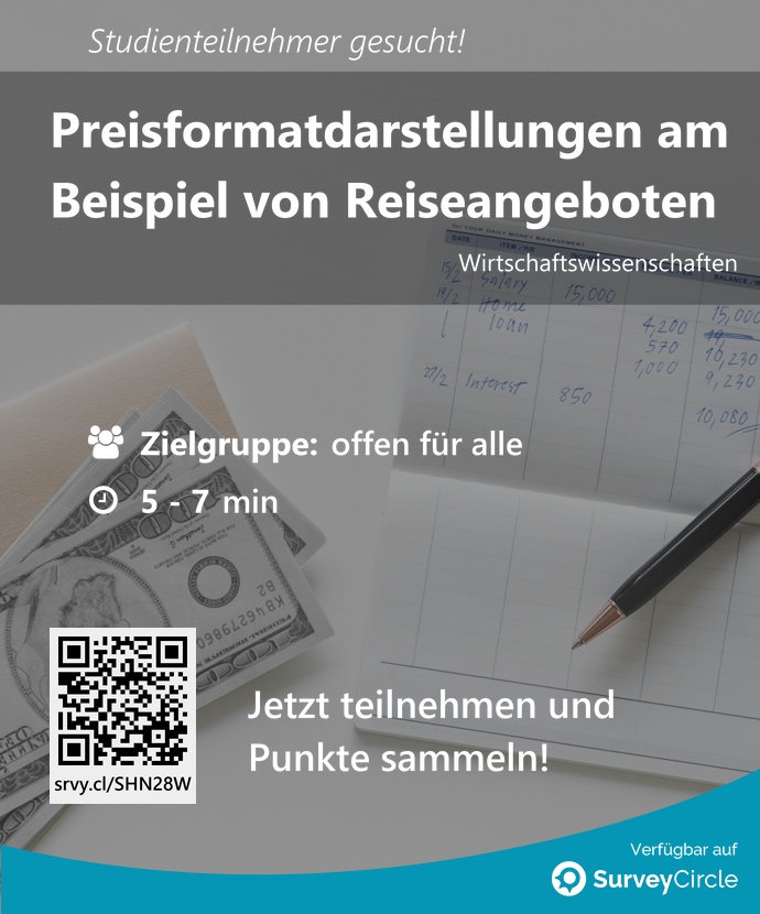 SurveyCircle's tweet image. Teilnehmer gesucht für top-platzierte Online-Studie:

&quot;Preisformatdarstellungen am Beispiel von Reiseangeboten&quot; surveycircle.com/SHN28W/ via @SurveyCircle

#BehavioralPricing #complexity #PartitionedPricing #premium #umfrage #surveycircle