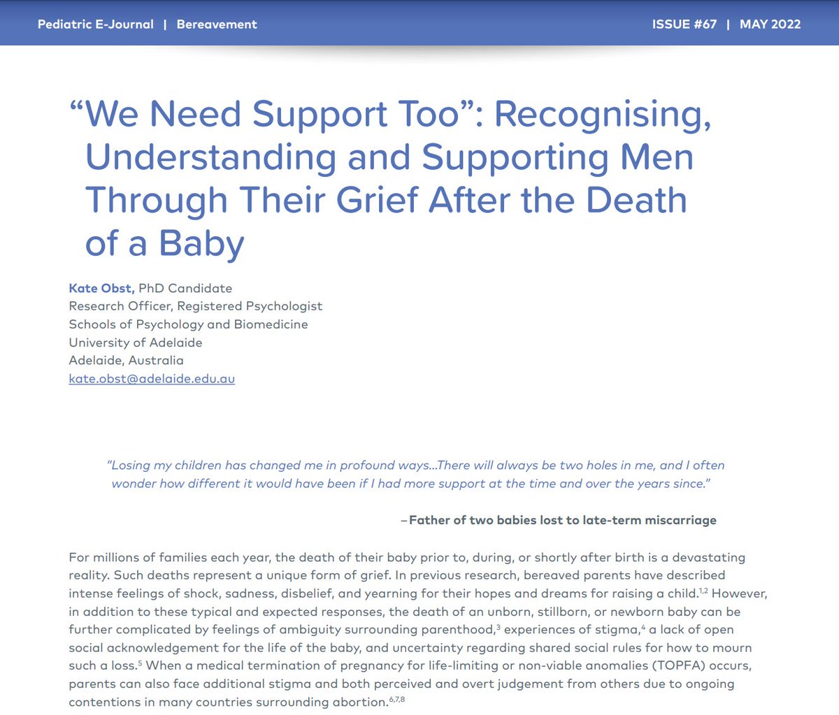 The current issue of @NHPCO_news Pediatric E-Journal focuses on bereavement in paediatric palliative/hospice care. It was a pleasure to contribute an article on men's #grief after the death of a baby. Full article avail to read at 👉 nhpco.org/palliativecare…