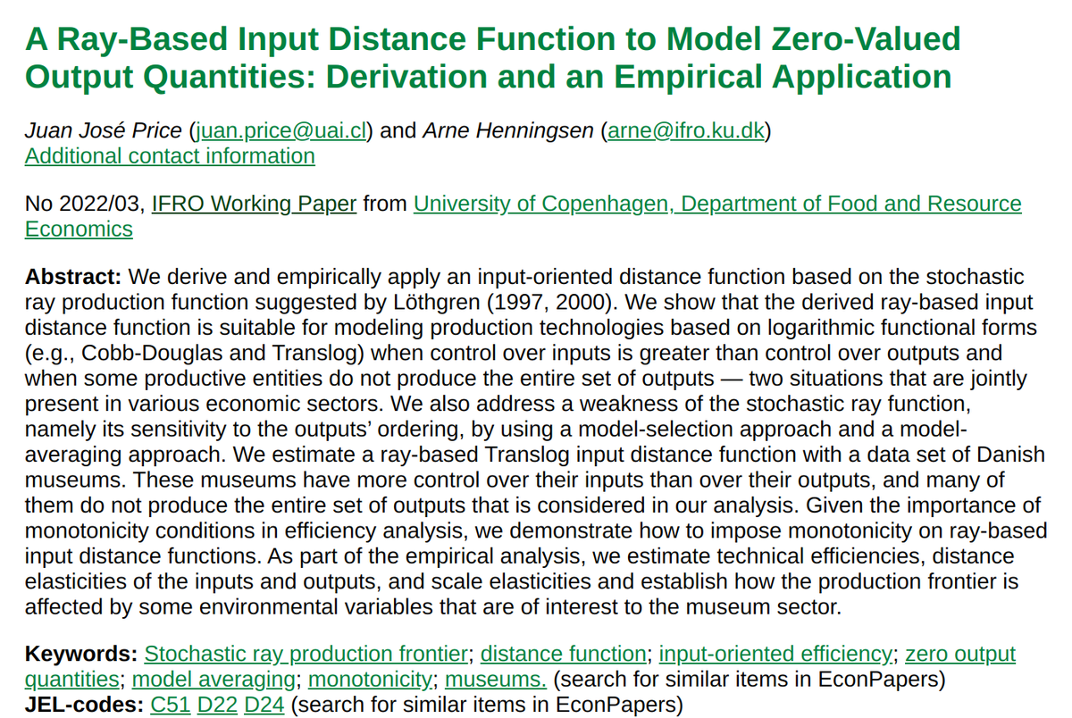 ArneHenningsen's tweet photo. We propose a novel specification for analysing multiple-output #production technologies, #productivity, and #efficiency when (a) some firms do not produce all outputs and (b) firms have more control over inputs than over outputs https://t.co/BZaaMuarne #EconTwitter #AppliedEcon https://t.co/erZNIJwTHT