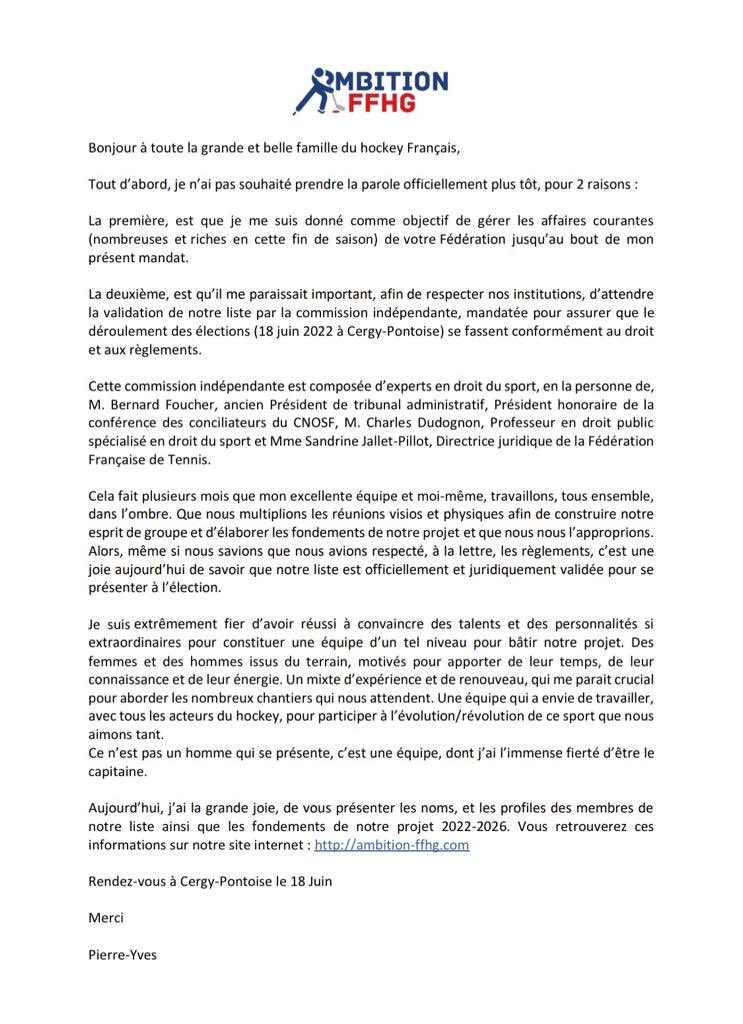 Chère grande et belle famille du hockey Français voici la superbe Équipe dont j’ai l’honneur d’être le capitaine, ainsi que notre projet projet stratégique, qui vous sera présenté à l’AG élective de votre FFHG le 18 Juin. Pour plus de détail consultez : ambition-ffhg.com/index.php/dive…