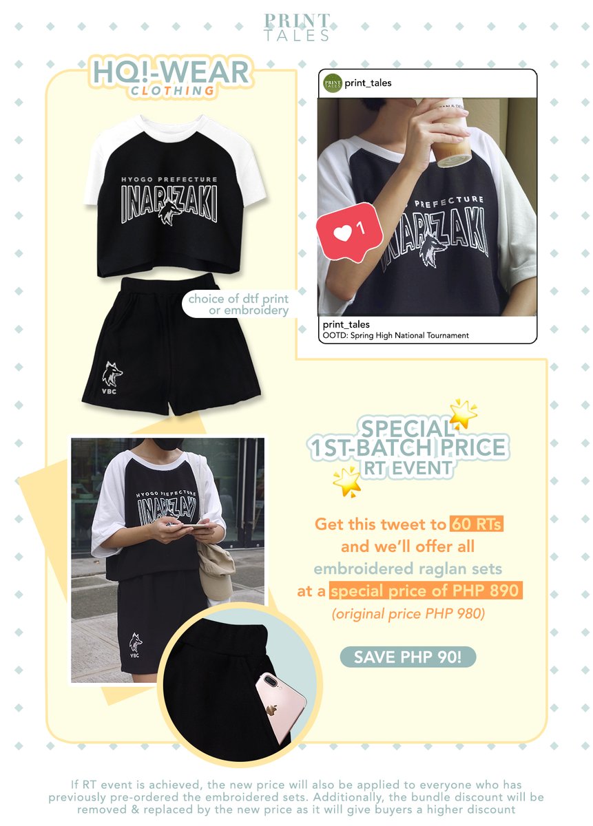 print_tales's tweet photo. ♡  RT EVENT ♡ Been eyeing our #Haikyuu raglan set? 🤭 We've got a RT EVENT for you

🌟 Get this tweet to 60 RTs 🔁 to unlock the 1st-batch DISCOUNTED price: ₱890 (save ₱90)

🛒 PH &amp; INTL: https://t.co/cFahPmgJFJ
Tag your HQ mutuals!

#hq_anime #ハイキュー inarizaki fukurodani https://t.co/taDph5G1f4