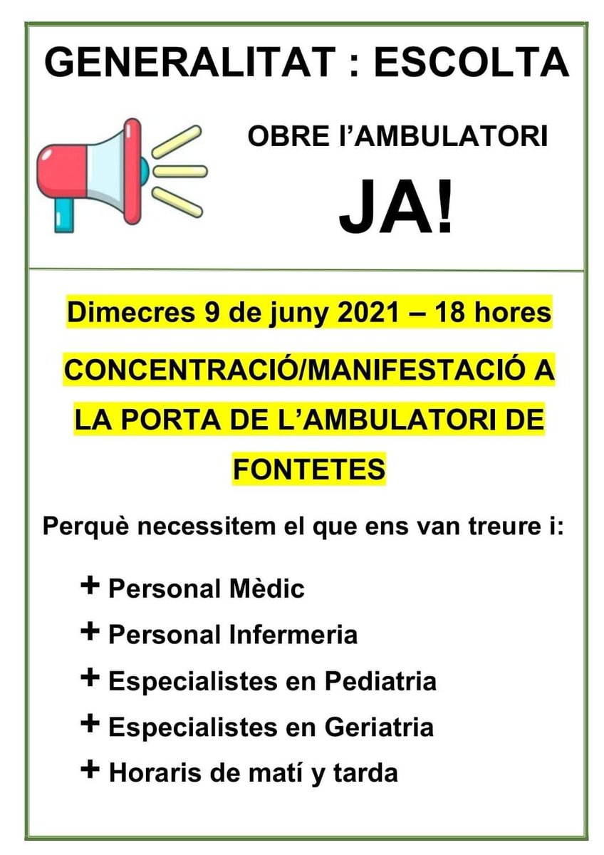 Avui fa un any en què centenars de veïns va reclamar tenir una sanitat de qualitat.
Avui, després de la  a la postura intransigent de la  Generalitat, diem a aquest mal govern:
Ni oblidem, ni perdonem!