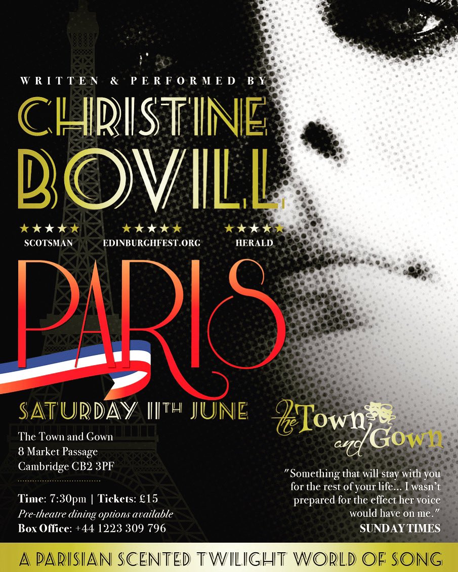 Cambridge friends. Post jubilee slump next week? Well, Paris comes to Cambridge at @_TownAndGown the golden age of French song! @Cambslive @cambridgetimes @FrenchCornerCam #piaf #trenet #aznavour #barbara #sinatra #everlybrothers #kurtweill