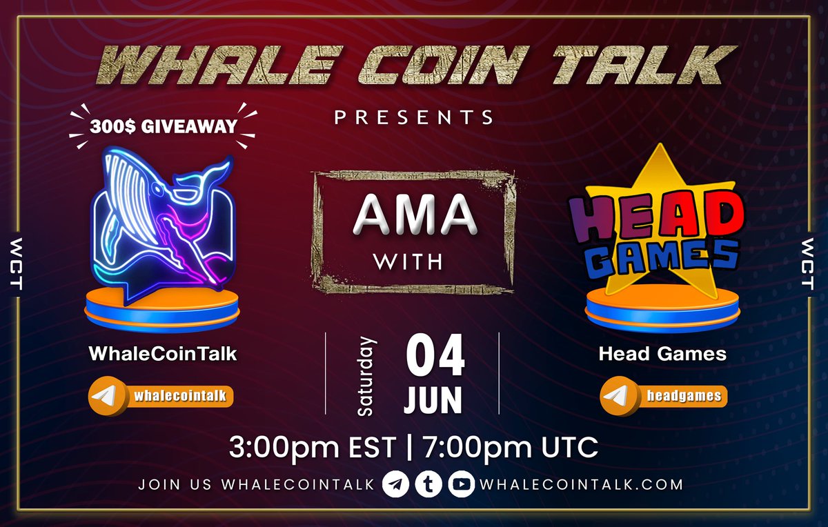 Whale Coin Talk (@whalecointalk) on Twitter photo AMA ANNOUNCEMENT 📢
➡️ Join: t.me/whalecointalk
➡️ Follow: <a href="/whalecointalk/">Whale Coin Talk</a>
🏦 Join our AMA with <a href="/HeadGames_io/">Head Games</a>.
You also stand a chance to win a share of $300 at the end of the #AMA.🤑
Verify team <a href="/whalecointalk/">Whale Coin Talk</a> | 🐋 linktr.ee/officialwhalec… AMA ANNOUNCEMENT 📢
➡️ Join: t.me/whalecointalk
➡️ Follow: <a href="/whalecointalk/">Whale Coin Talk</a>
🏦 Join our AMA with <a href="/HeadGames_io/">Head Games</a>.
You also stand a chance to win a share of $300 at the end of the #AMA.🤑
Verify team <a href="/whalecointalk/">Whale Coin Talk</a> | 🐋 linktr.ee/officialwhalec…