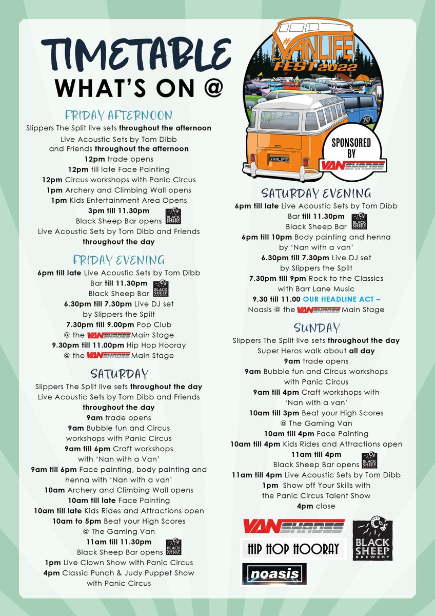 Here's another look at the timetable for #VanLife Fest!

➡️vanlifefest.co.uk⬅️ Get your tickets here!

#vanlife #vanlifefest #vanlifefestuk #vanlifeuk #vwcampers #notjustvw #campervans #festivals #2022 #myvanlife #vanlifeculture #vanlifevirals #vanlifetravel