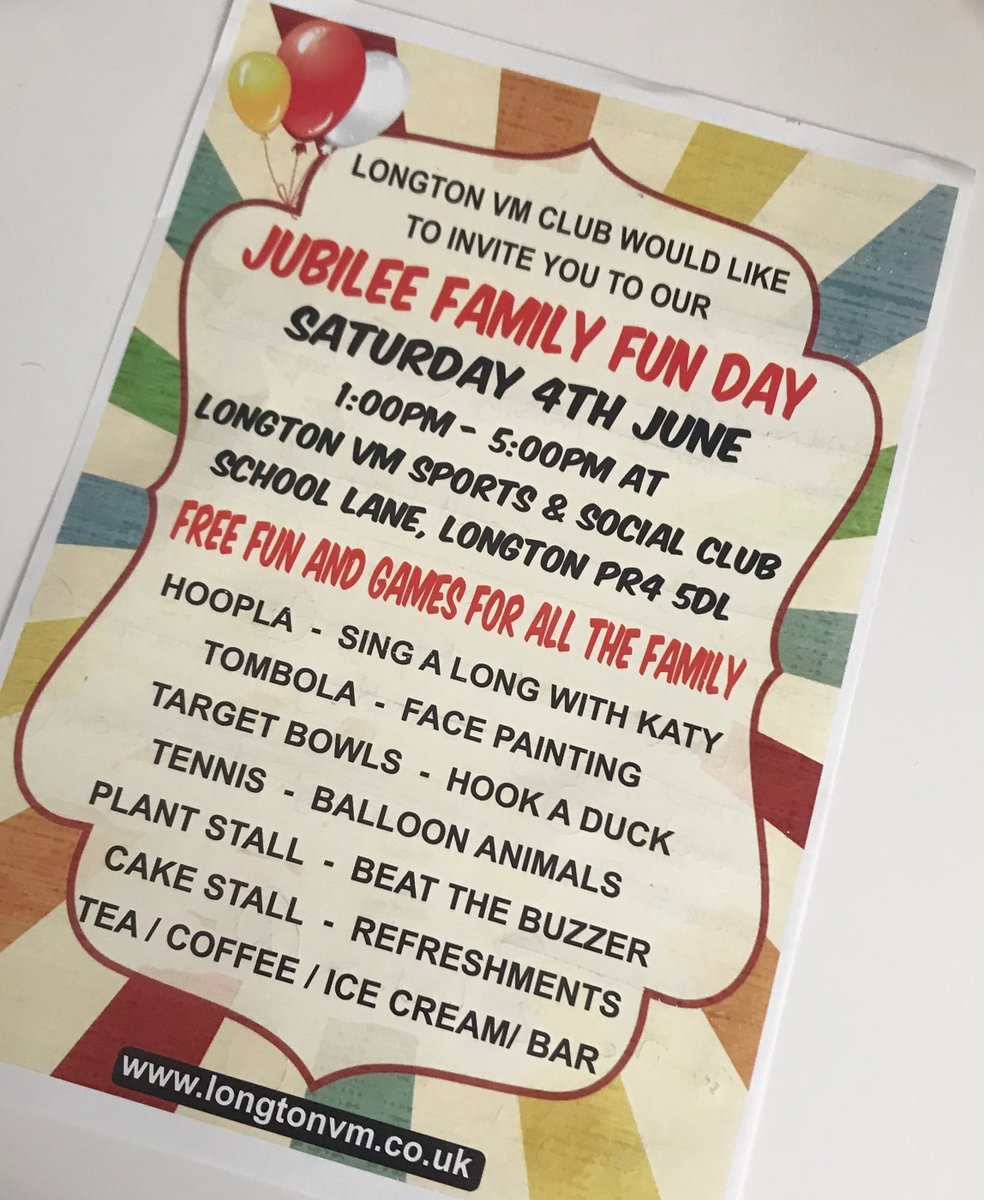 Come join us for lots of fun and a Great British Singalong at the Longton VM Club Jubilee Family Fun Day - 1pm-5pm. See you there! #familyfunday #jubileefamilyfunday #jubilee #queensjubilee #Longton #Lancashire #Whatsonlancashire #joinus #singing #singalong #games #familyfun