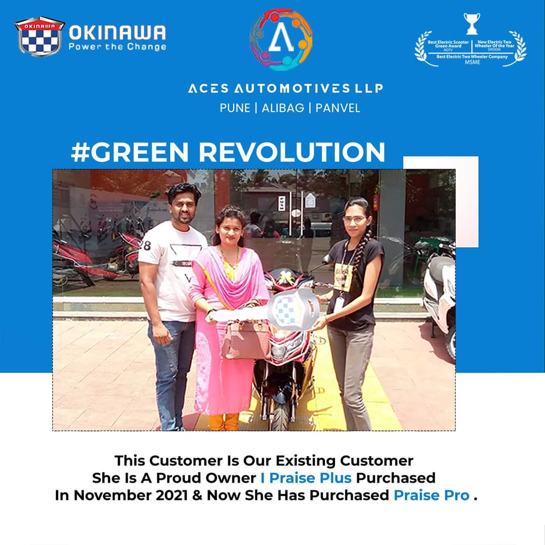 Today's Delivery. This Customer Is Our Existing Customer She Is A Proud Owner I Praise Plus Purchased In November 2021 & Now She Has Purchased Praise Pro .

#greenrevolution #okinawascooter #DeshKaEV #makeinindia #proudcoustomer #acesautomotivesllp  #electricscooter #Sustainable