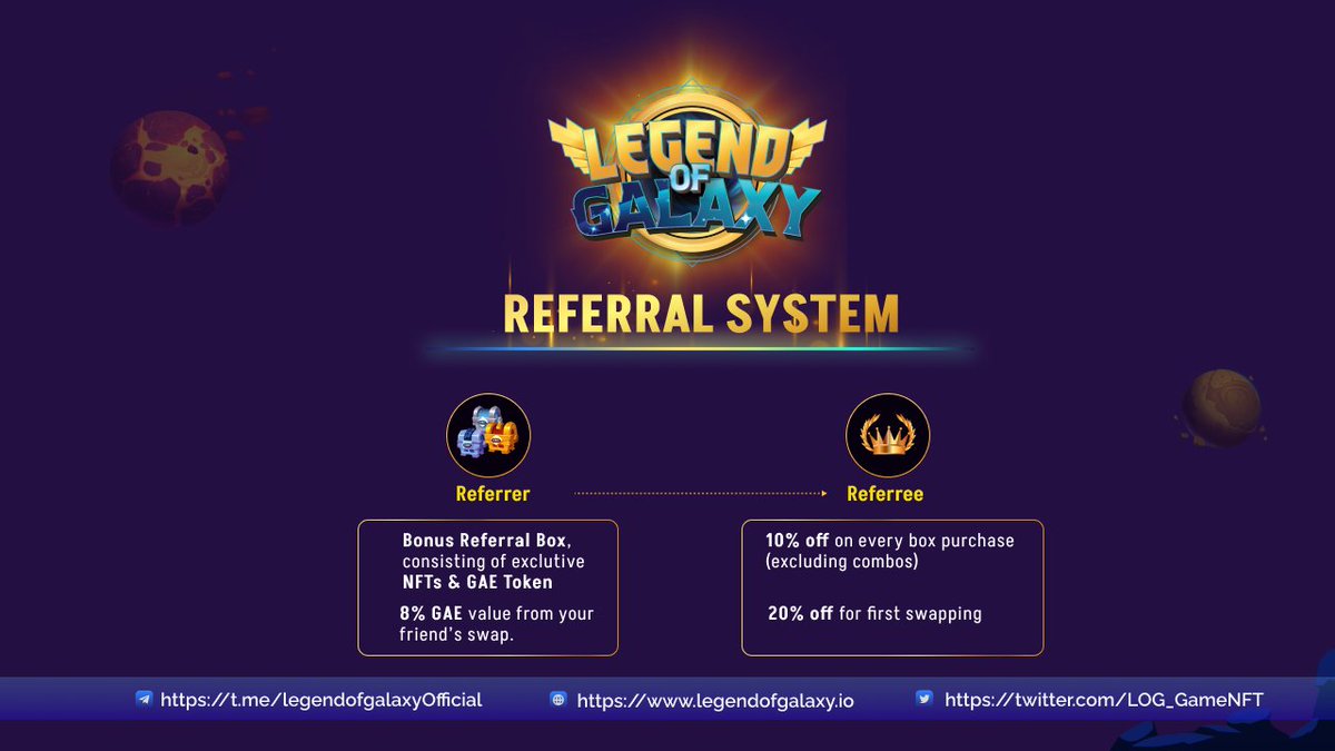 🚀 Don't forget our Referral System is still live!
You and your friends can join together, get more benefits and profit together:
✅ Referral Reward Box
✅ Box purchase discount
✅ Swapping bonus
✅ Credit bonus
Start inviting, today 👉 legendofgalaxy.io/referal-codes