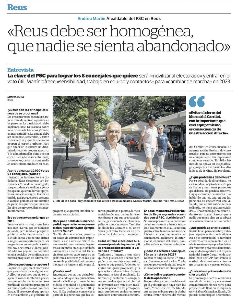 andreu_martin's tweet photo. 🗞️ "#Reus debe ser homogénea, cercana y que nadie se sienta abandonado. Ofrecemos #cambiar de marcha en 2023"

✅ "La ciudad debe ser saludable y #sostenible. Faltan zonas verdes 🌿 y que las #personas ocupen el espacio urbano."

👉 Hoy entrevista en el @diaridtarragona: https://t.co/InB8QlrWlj