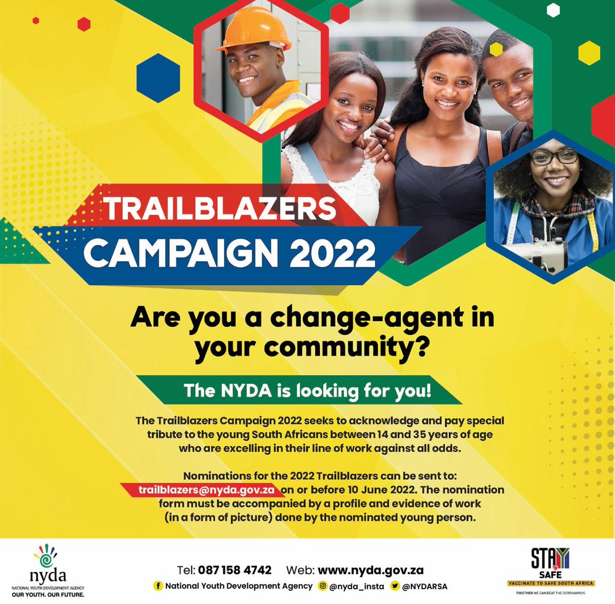 NYDARSA's tweet photo. Are you a change agent in your community?

The NYDA would like to recognise young people who are active citizens and are true ambassadors in their own communities.

Nominate any young person by sending an email to: trailblazers@nyda.gov.za... https://t.co/4xeirXItqk
