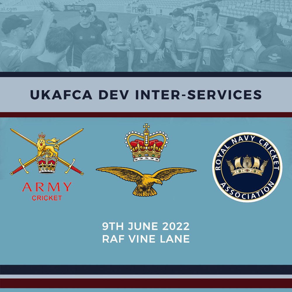 Just 5 days until the UKAFCA Development T20 Inter-Service competition at RAF Vine Lane. 

After a strongly fought competition last year, all 3 services will feel confident they can pick up the prize.

<a href="/rafcentralfund/">RAFCentralFund</a> <a href="/fujitsu_uk/">Fujitsu UK</a> @rafsporthq <a href="/UK_Army_Cricket/">Army Cricket Association</a> <a href="/RNCricket/">Royal Navy Cricket</a>