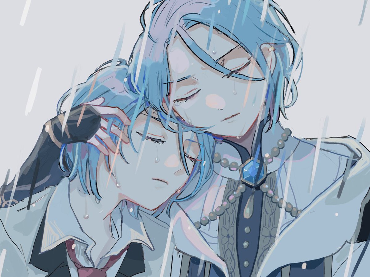 multiple boys 2boys blue hair male focus closed eyes brothers rain  illustration images