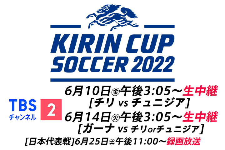 Tbsチャンネル キリンカップサッカー 22 サッカー日本代表 チリ ガーナ チュニジア 4カ国のトーナメント戦 Cs放送 Tbsチャンネル2にて生中継 6月10日 チリvsチュニジア 6月14日 ガーナvsチリorチュニジア そのほか詳細は T Co