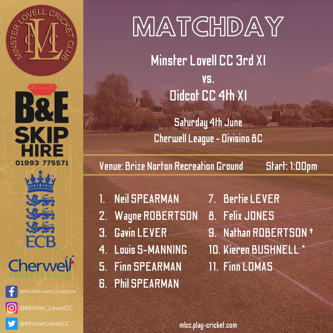 MinsterLovellCC's tweet photo. ๐๐๐๐๐๐๐จ
1st XI ๐ก @WitneyMillsCC ๐ง 12:30pm start โ No teas
2nd XI ๐ @KidlingtonCC ๐ 1:00pm start โ No teas
3rd XI ๐ก @didcotcc ๐ 1:00pm start โ No teas
Go well to all those playing ๐ช
#MLCC #UpTheLovell #BowlingShane https://t.co/9iyxTHKVyk