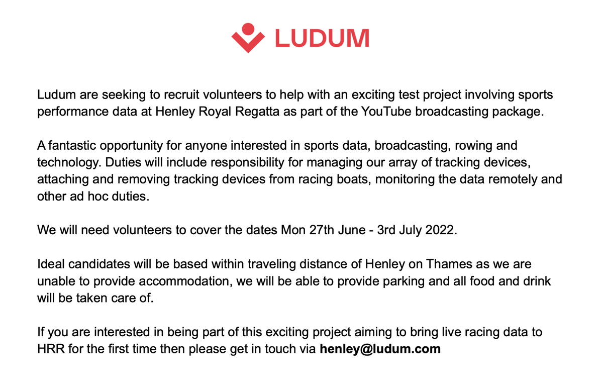 Ludum (@ludumhq) on Twitter photo We're looking for volunteers to help us with an exciting pilot project with <a href="/HenleyRegatta/">Henley Royal Regatta</a>! 🙌
Find out more below... 👇
See you there! 🚣
#HenleyRoyalRegatta #HRR22 #Henley #Rowing #WorldRowing We're looking for volunteers to help us with an exciting pilot project with <a href="/HenleyRegatta/">Henley Royal Regatta</a>! 🙌
Find out more below... 👇
See you there! 🚣
#HenleyRoyalRegatta #HRR22 #Henley #Rowing #WorldRowing