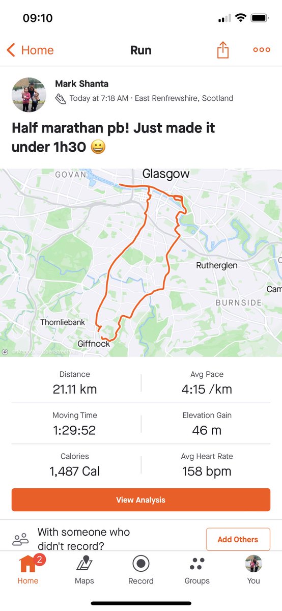 Broke the 1 hour 30 for a half marathon nice day for it!