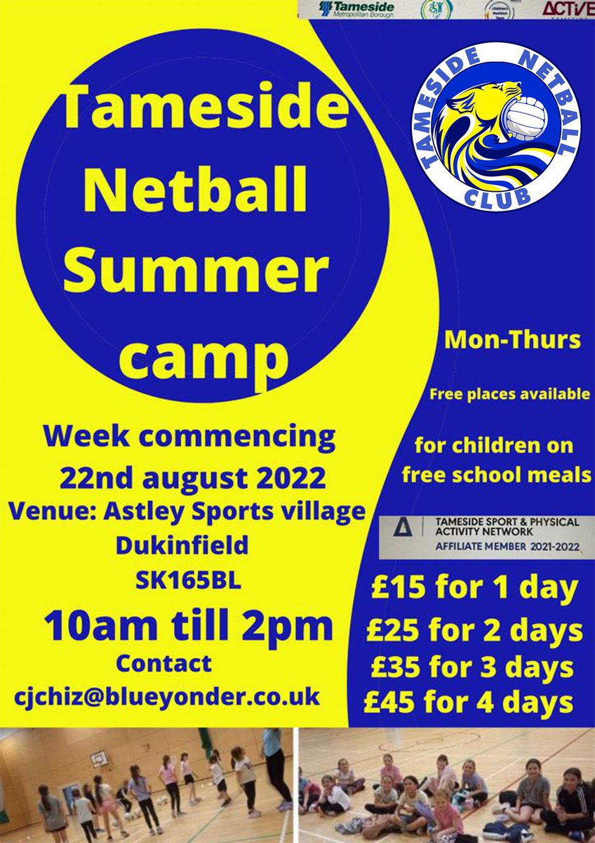 TamesideNC's tweet photo. Our holiday camp is back! Come and join us this august for four exciting days of fun in the sun with lots of our experienced coaches offering exciting skills and fun games!
Free places for children on free school meals book now through cjchiz@blueyonder.co.uk💙💛@active_tameside https://t.co/IWOET5PVrf