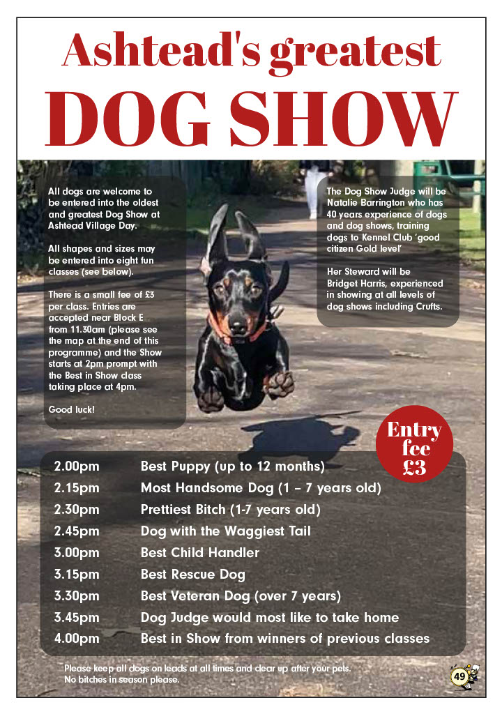 Calling all proud pooch owners....! Come to the Dog Show at Ashtead Rotary Village day on 11th June. Maybe you own the best puppy or the best rescue dog or the dog that the judge would most like to take home (leads definitely on and held tight for that one!). Good luck!