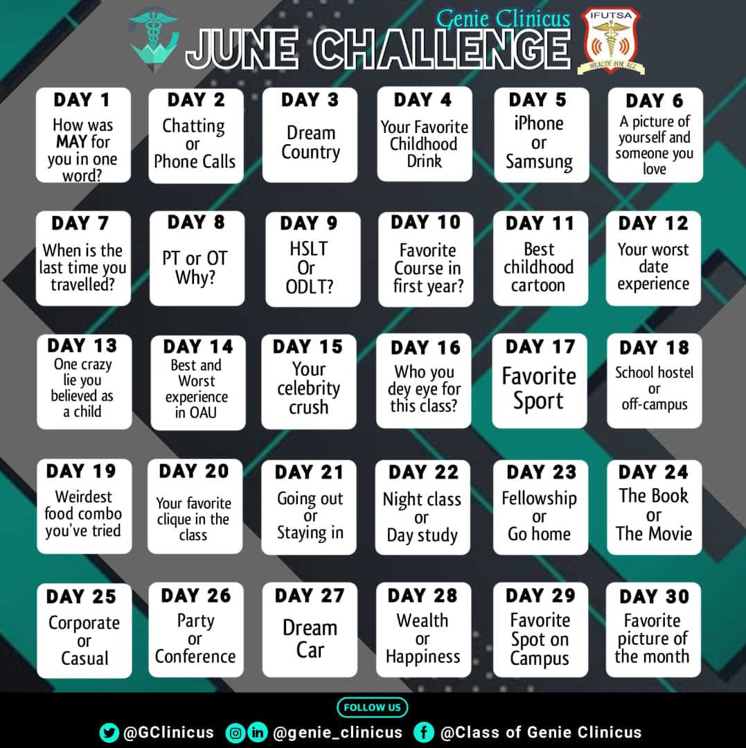 GClinicus's tweet photo. Day 4 of the genie clinicus June challenge ๐ฅณ๐
What is your favourite drink?๐ค
#genieclinicus #ifutsa #oautwitter #physiotherapy https://t.co/RoYa7nMoX5