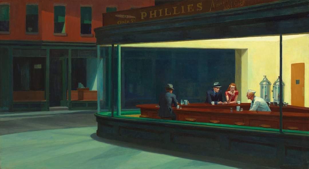 MdelPreite's tweet photo. Mi trovo qui a questa età che sai,
né giovane né vecchio,
attendo, guardo
questa vicissitudine sospesa.
(Mario Luzi)
#VentagliDiParole 
🎨 Edward Hopper, Nighthawks https://t.co/8OmZg21VRq