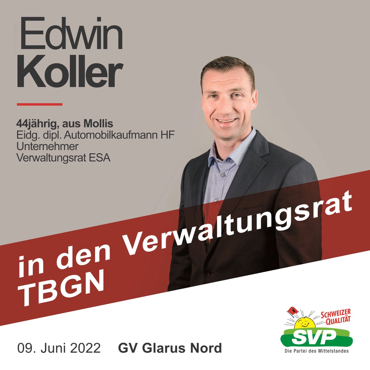 Am kommenden Donnerstag, 09. Juni 2022 an der Gemeindeversammlung Glarus Nord. Edwin Koller in den Verwaltungsrat TBGN. Wir bedanken uns bereits im Voraus für die Unterstützung😊. #gemeindeversammlung #glarusnord #verwaltungsrat tbgn #svpglarusnord #edwinkoller