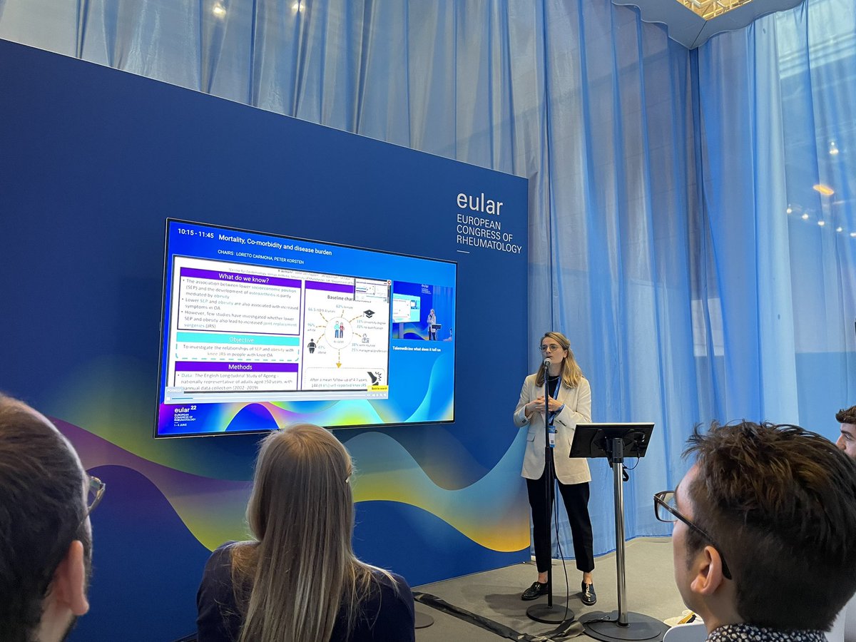 Excellent presentation from <a href="/RozeWitkam/">Roze Witkam</a> on the association between socioeconomic position, obesity and joint replacement in OA at #EULAR2022 using <a href="/ELSA_Study/">English Longitudinal Study of Ageing</a> - obesity associated with increased risk, but SEP decreased risk - access issues?