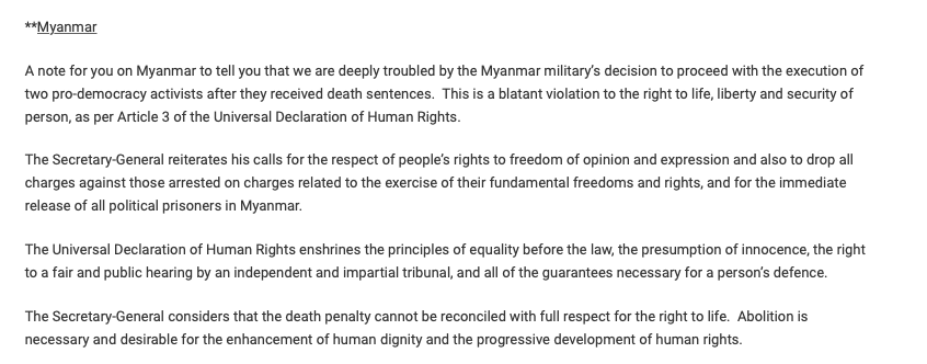 UNinMyanmar's tweet photo. Following the Myanmar military’s decision to proceed with the execution of pro-democracy activists, Phyo Zeya Thaw and Ko Jimmy, the Secretary-General urges the military to respect the people’s rights to life, freedom of opinion &amp; expression. https://t.co/qGQmKxqecS https://t.co/f2lTBRbdIB