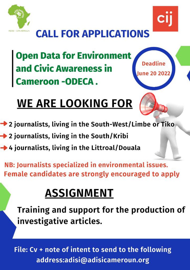 cameroon_data's tweet photo. A project of the Centre for Investigative Journalism (CIJ) of the University of London and Adisi-Cameroon to support local #media and #journalists in producing innovative content with high news value. 

#datajournalism
#environment
#CIJ https://t.co/7BB2UtFyhS