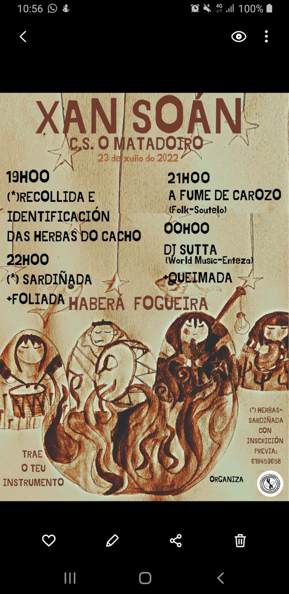 🔥🔥Xa temos a festa preparada para celebrar o Xan Soán🤪

Estaremos no C.S. O Matadoiro recollendo as herbas do cacho, comendo sardiñas, bailando e saltando a fogueira 💥 Non te esquezas de levar o teu instrumento🎺🥁

📲 Inscripción previa para herbas e a sardiñada no 618459658