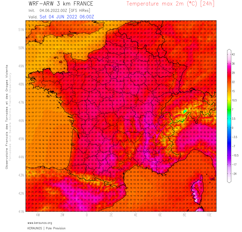 Avant les #orages, fortes chaleurs sur la majeure partie de la France.
Avant midi, déjà plus de 36°C à #Ajaccio. Des pointes à 38°C sont possibles en #Corse, 35°C sur le continent. 