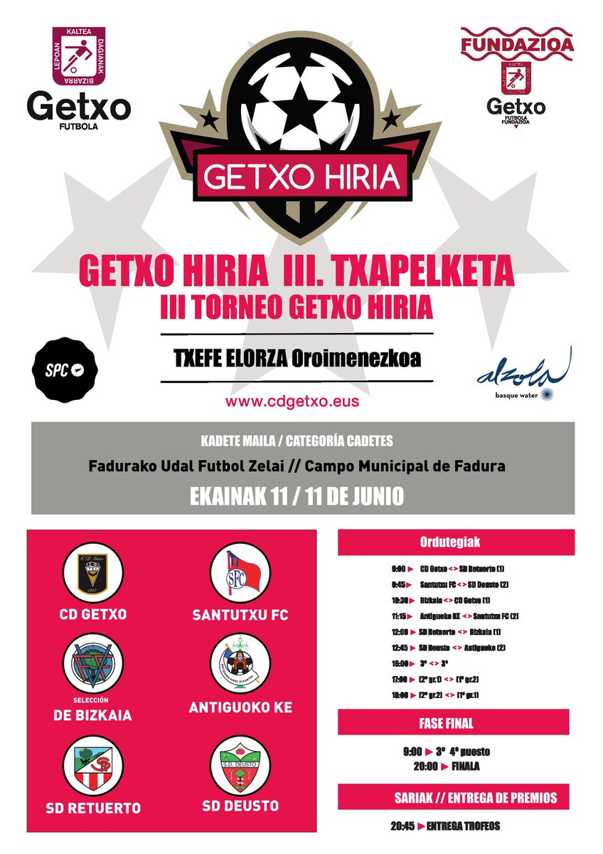 CD Getxo (@cdgetxooficial) on Twitter photo Dentro de una semana se celebrará en Fadura la tercera edición del Torneo Getxo Hiria “Memorial Txefe Elorza”.
Disputarán el torneo los equipos cadetes de <a href="/SantutxuFC/">SantutxuFC</a> <a href="/Antiguoko/">Antiguoko KE</a> <a href="/deustosd/">SD Deusto</a> <a href="/SDRetuertoSport/">SD Retuerto Sport</a> y una selección de la <a href="/fvf/">fvf</a> además del <a href="/cdGetxoOficial/">CD Getxo</a>
Acércate a Fadura! Dentro de una semana se celebrará en Fadura la tercera edición del Torneo Getxo Hiria “Memorial Txefe Elorza”.
Disputarán el torneo los equipos cadetes de <a href="/SantutxuFC/">SantutxuFC</a> <a href="/Antiguoko/">Antiguoko KE</a> <a href="/deustosd/">SD Deusto</a> <a href="/SDRetuertoSport/">SD Retuerto Sport</a> y una selección de la <a href="/fvf/">fvf</a> además del <a href="/cdGetxoOficial/">CD Getxo</a>
Acércate a Fadura!