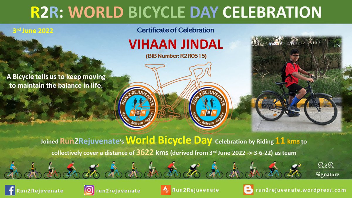 Run2Rejuvenate's tweet photo. Elite Riders who participated in Run2Rejuvenate's *World Bicycle Day* Celebration, submitted data, can download the certificate from https://t.co/g32LUNb02w
If you have not submitted, data at
https://t.co/cEzCglxTvt and photo at https://t.co/1WbflS84KJ https://t.co/wHePTrDsFK