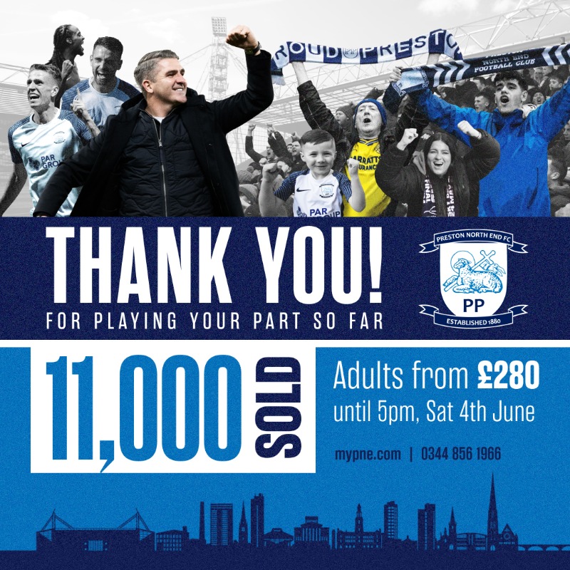 pnefc's tweet photo. 𝟭𝟭,𝟬𝟬𝟬 🥳

We've smashed through the 11,000 mark this morning ahead of today's early bird deadline at 5pm! 💙

The ticket office is open so get down to Deepdale or call 0344 856 1966 to get yours now, or buy online at https://t.co/OKRB2Ilr3b! 

#COYW #pnefc