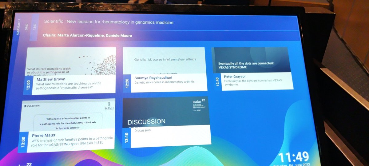 Honoured to chair this fantastic session with excellent speakers on genomic medicine starting now in auditorium 11 at #eular2022. #eular  #emeunet #Genetics