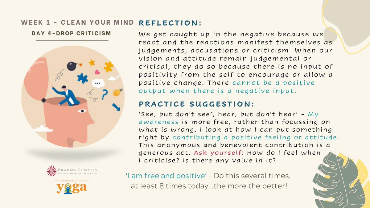 MiamiBK's tweet photo. Week 1 - Clean the mind

Day 4 - Drop Criticism

'I am free and positive'

#brahmakumarisUK #BK21days #IDY2022 #positivethinking #criticismnot #positiveinput 

Leading up to International Day of Yoga 🕊🌏

To view daily practices:
https://t.co/7erDJTU1CF

#BKMiami #BKMeditation https://t.co/XRJDQKY5K0