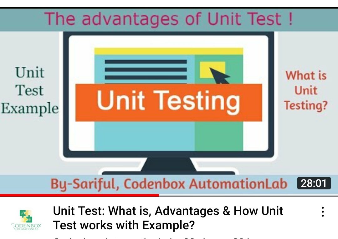 CodenboxTeam's tweet image. #UnitTest #whiteboxtesting 
What is Unit Test &amp;amp; how it works?
youtu.be/Q3UtPmJXiDI