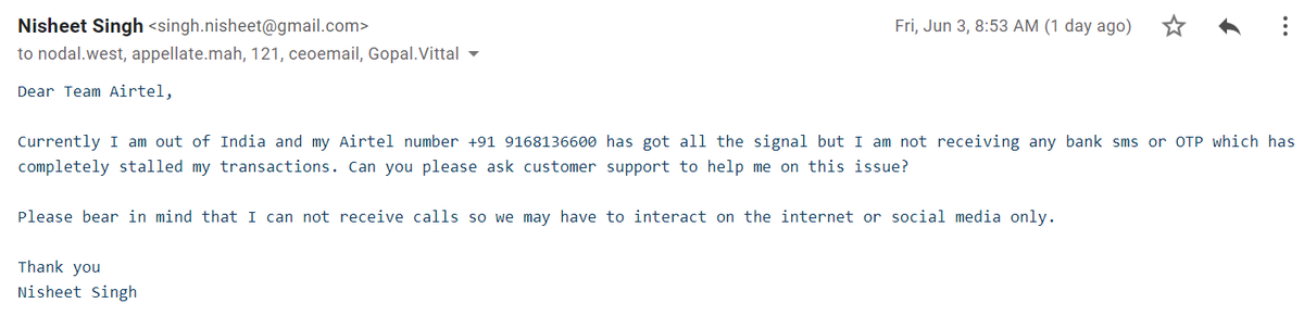 singhNisheet's tweet photo. @airtelindia I am out of India and my postpaid connection is not receiving any sms! Completely handicapped for transactions! Sent email to Customer care and nodal appellate as well as Airtel care in twitter but all are keeping mum shamelessly! https://t.co/63d8xpP5YM